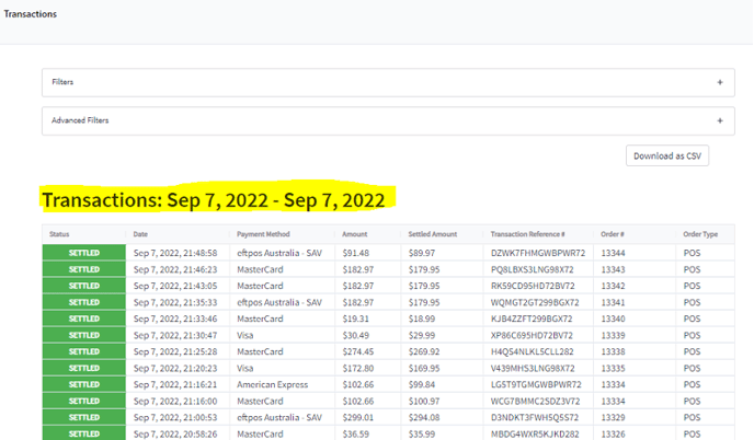 BePoz transactions on pay dashboad