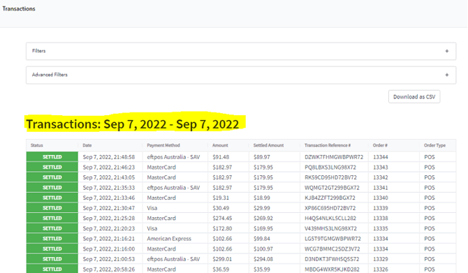 BePoz transactions on pay dashboad