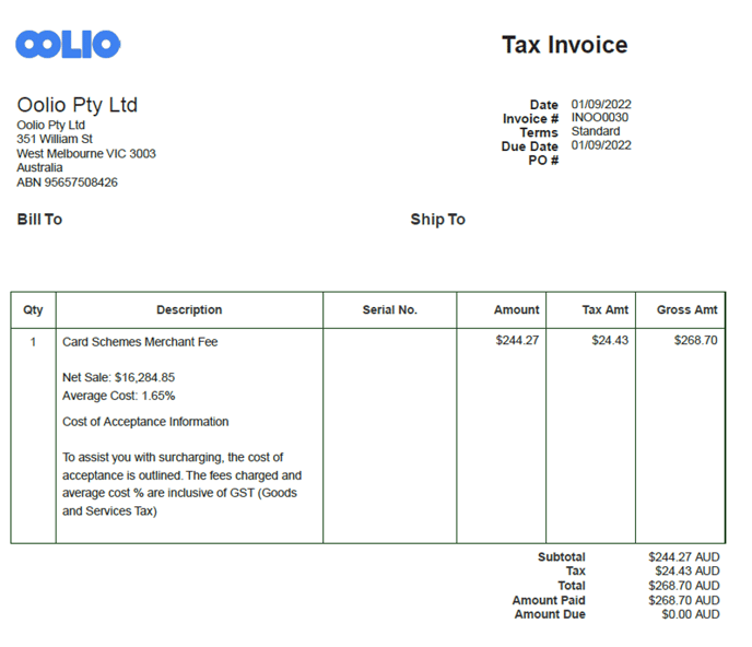 Oolio Monthly Invoice